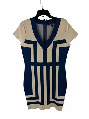 Eva Longoria Tan and Blue Bodycon Dress- Size L